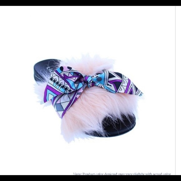 Shoes - Miss HOT STUFF Vegan fur slides with ribbon